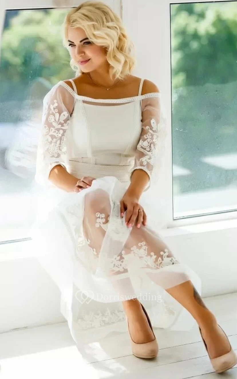 Ätherisches A-Linien-Brautkleid aus Tüll mit Teelänge, 3/4-Ärmeln, Knöpfen und Applikationen view 5