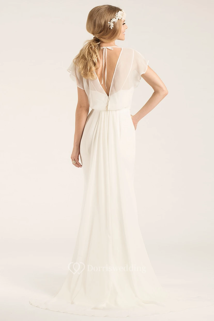 Scoop Long Poet-Sleeve Chiffon Wedding Dress With Court Train And V Back view 4