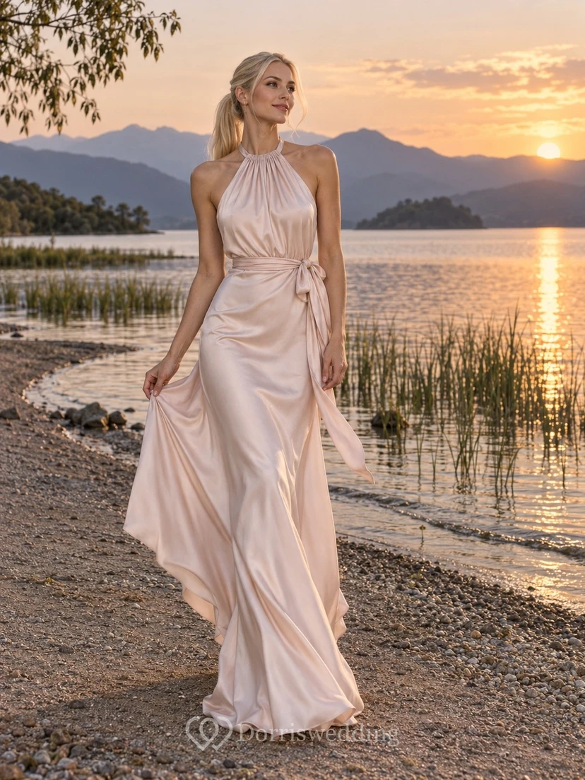 Vestido de novia sencillo color rosa empolvado con cuello halter alto y lazo lateral de satén