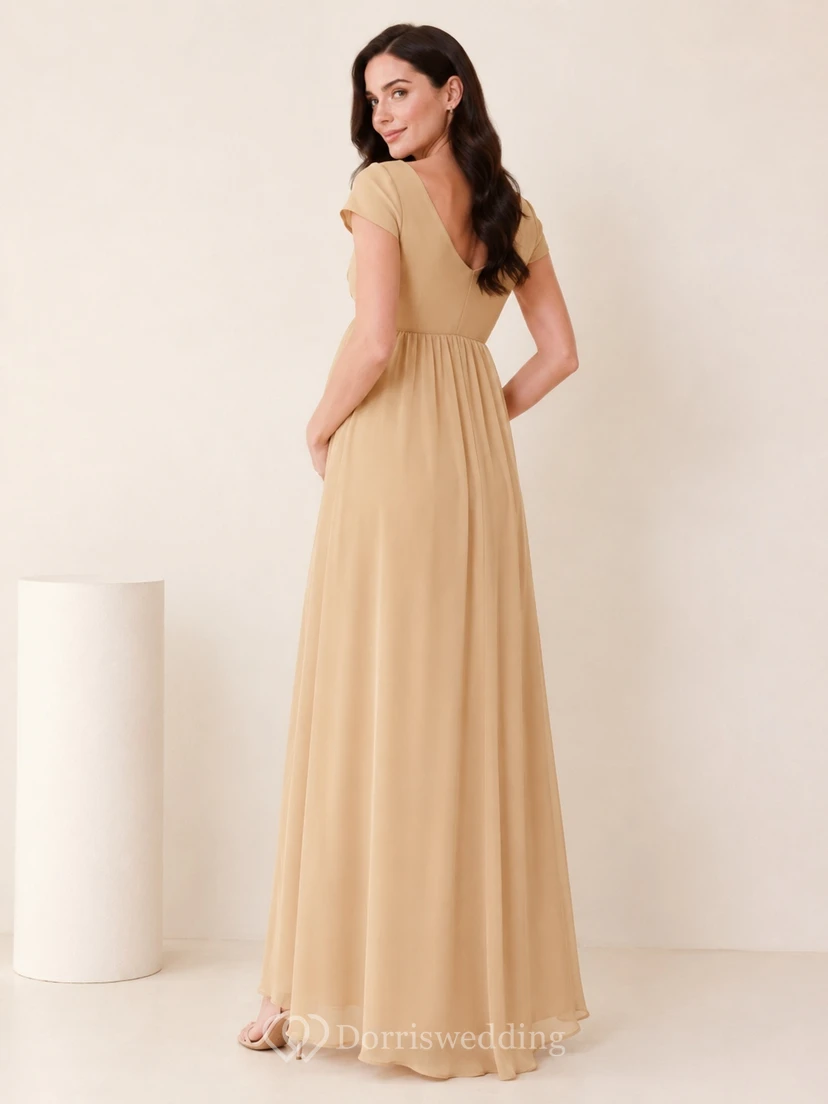 Champagne Maternity Chiffon V-neck Petal Sleeve Empire Waist Split Floor-length Guest Dress view 2