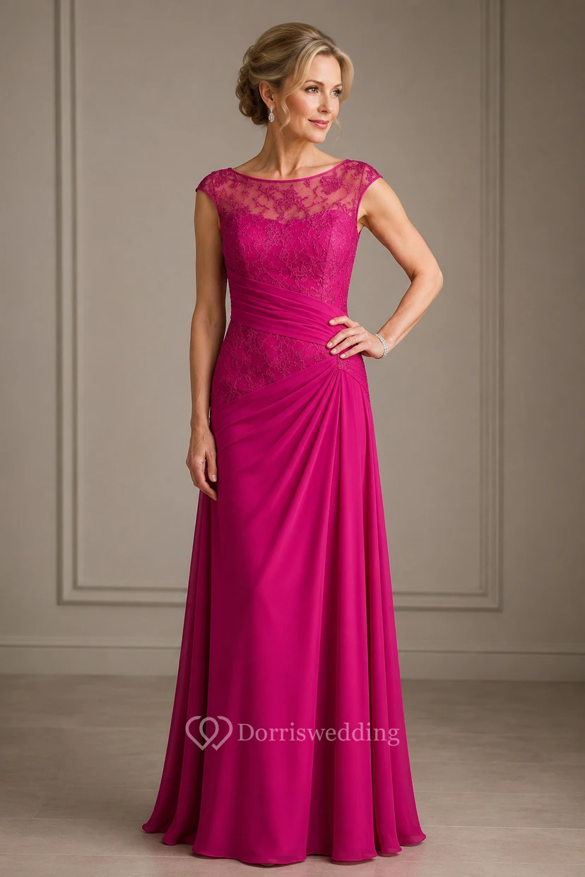 Chiffon-Etui-Kleid mit Rundhalsausschnitt und seitlicher Drapierung, das die Mutter der Braut ziert view 6