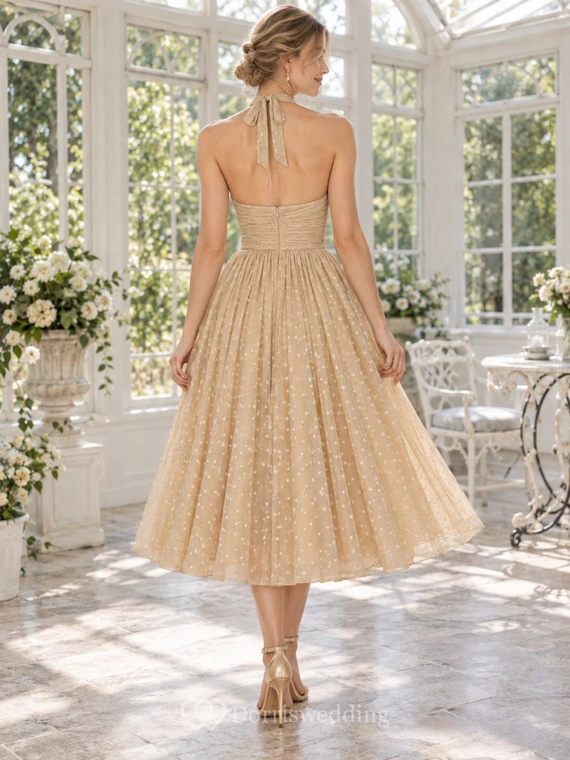 Tea-length Vintage Champagne Halter Dotted Tulle A-line Prom Dress view 2
