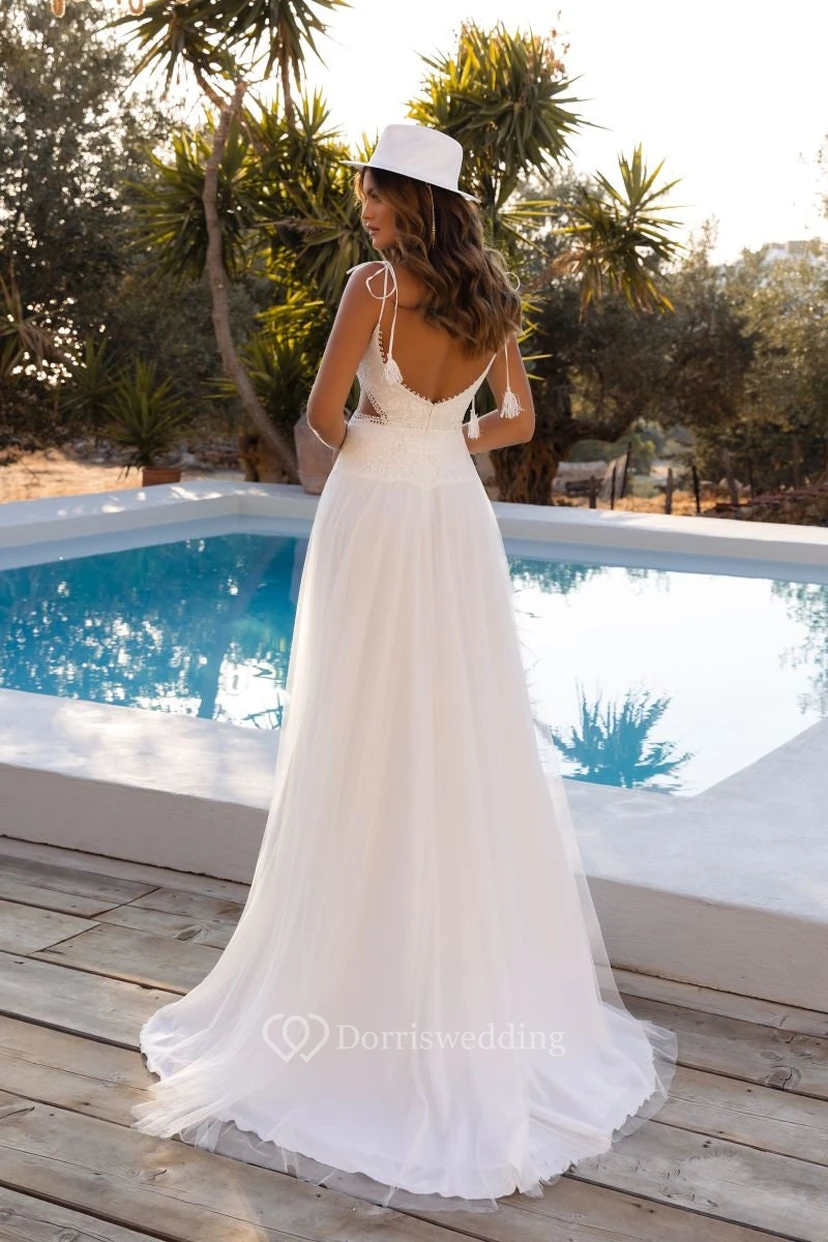 Chiffon V-neck Spaghetti Front Split Summer Wedding Dress view 2