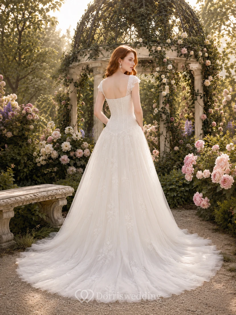 Robe de mariée champêtre en tulle à col carré et taille basse view 2