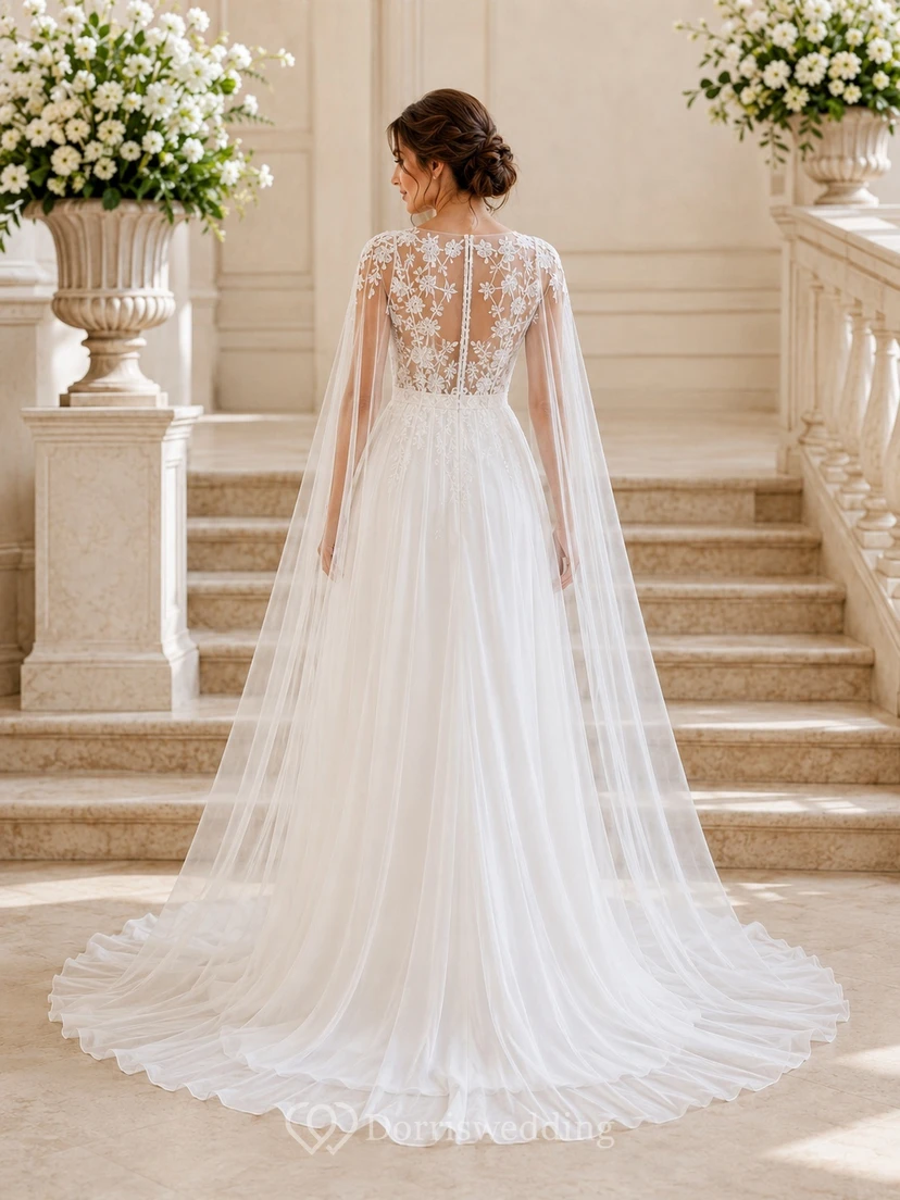 Bridal Lace V-Neck Sleeveless Appliqued Chapel-Train Ball Gown with Cape view 2