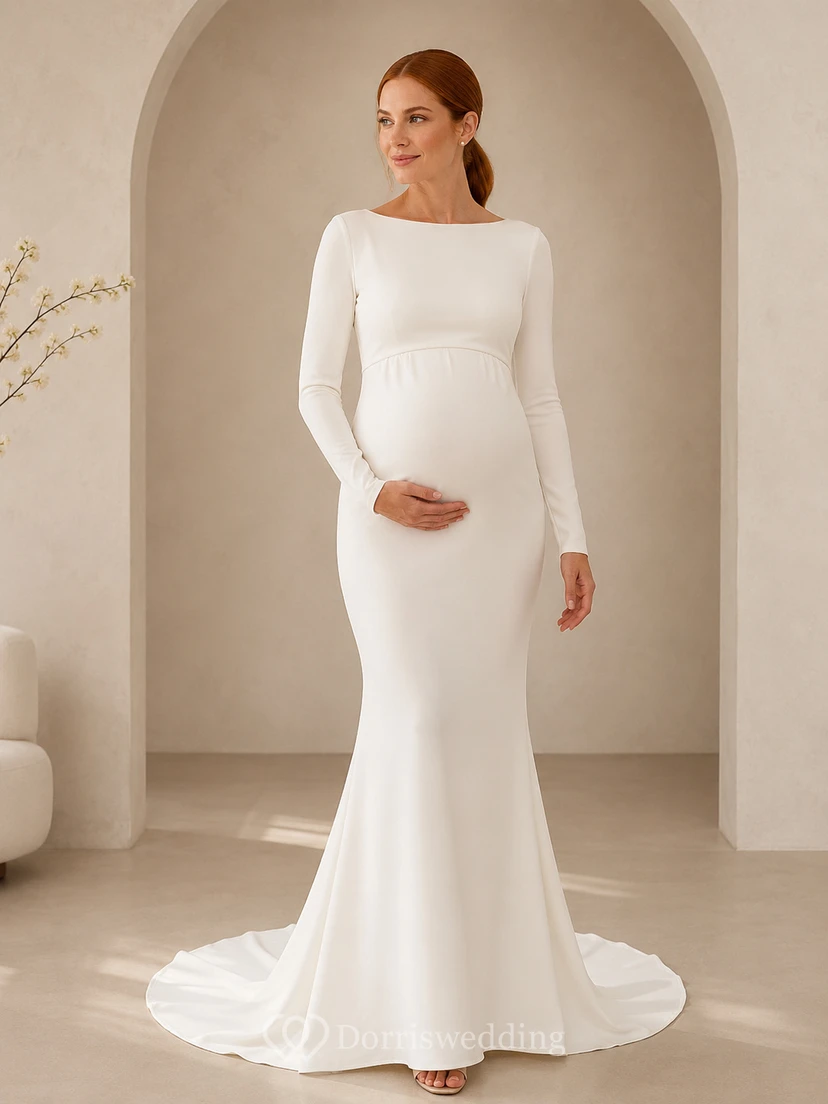 Modest Stretch Satin Wedding Dress Mermaid Bateau Neck Long Sleeve Sweep Train Bridal Gown