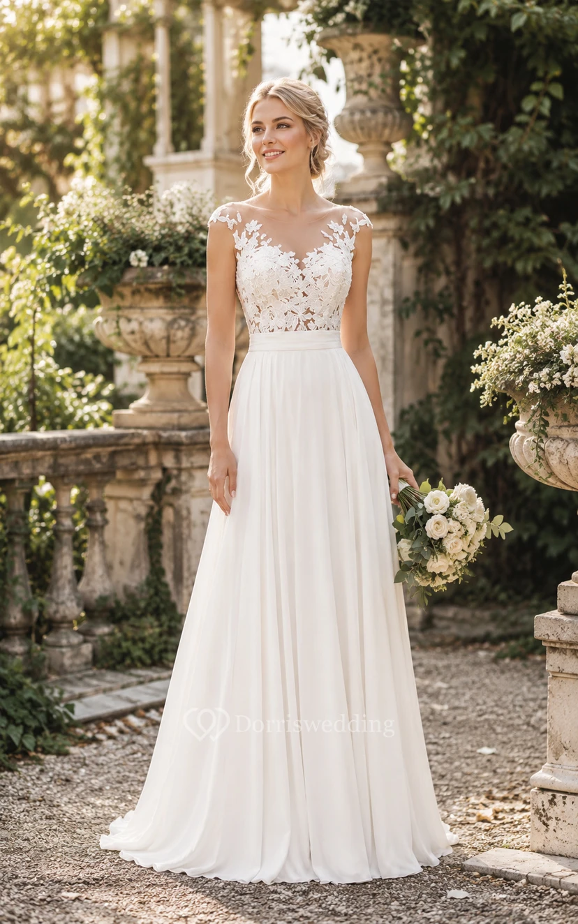 Robe de mariée en mousseline blanche à manches courtes et dentelle illusion, coupe trapèze