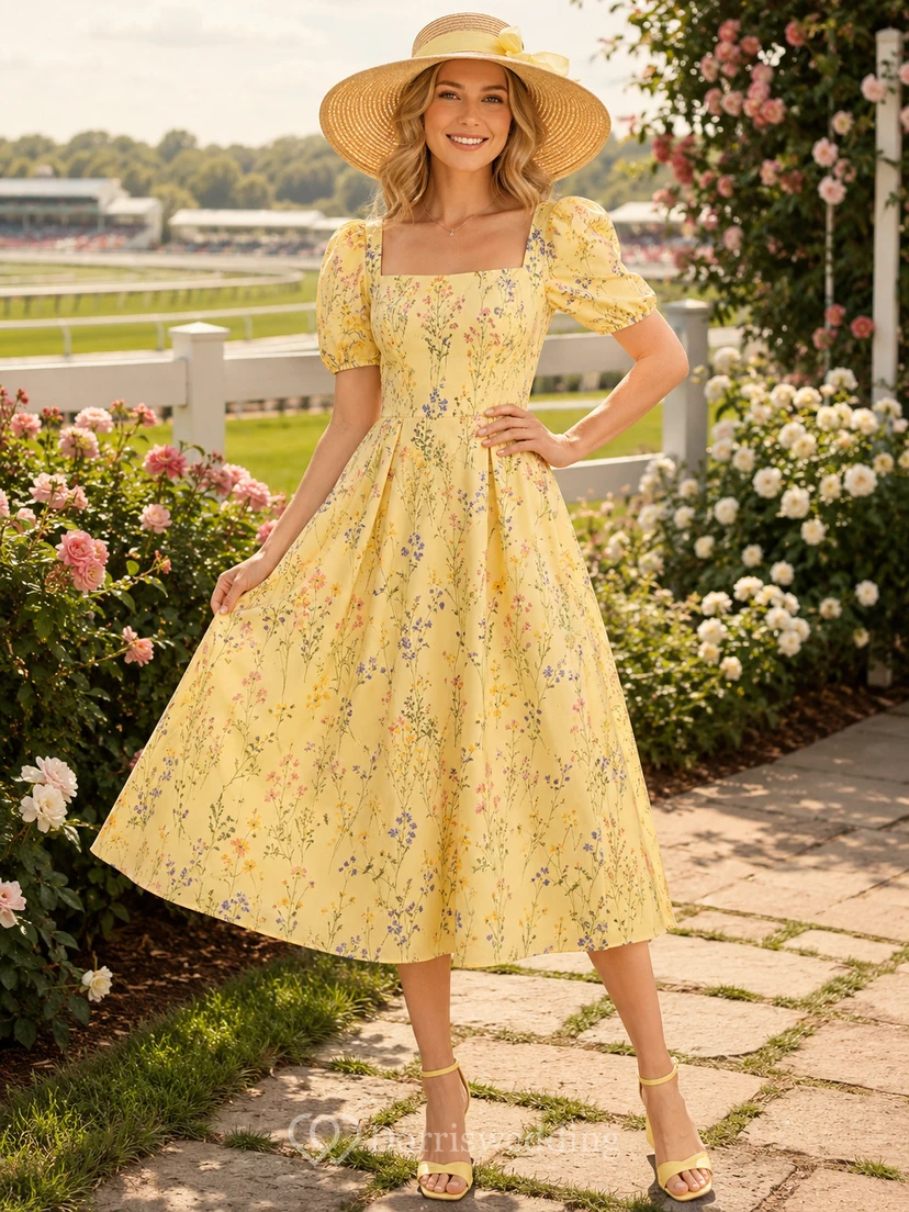 Yellow Floral Square Neck Puff Sleeve Race Day Midi Dress