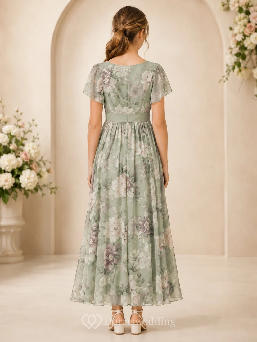 Celadonfarbenes Brautjungfernkleid für junge Damen, A-Linie, V-Ausschnitt, kurze Ärmel, Blütenblattmuster, Boho-Stil view 2