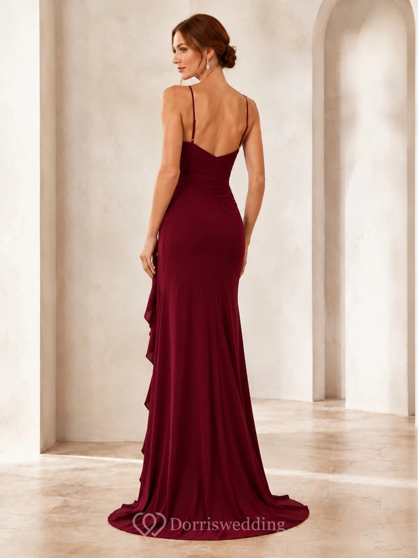 Burgundy Ruched V-Neck Sleeveless Ruffle Train Mermaid Gown view 2