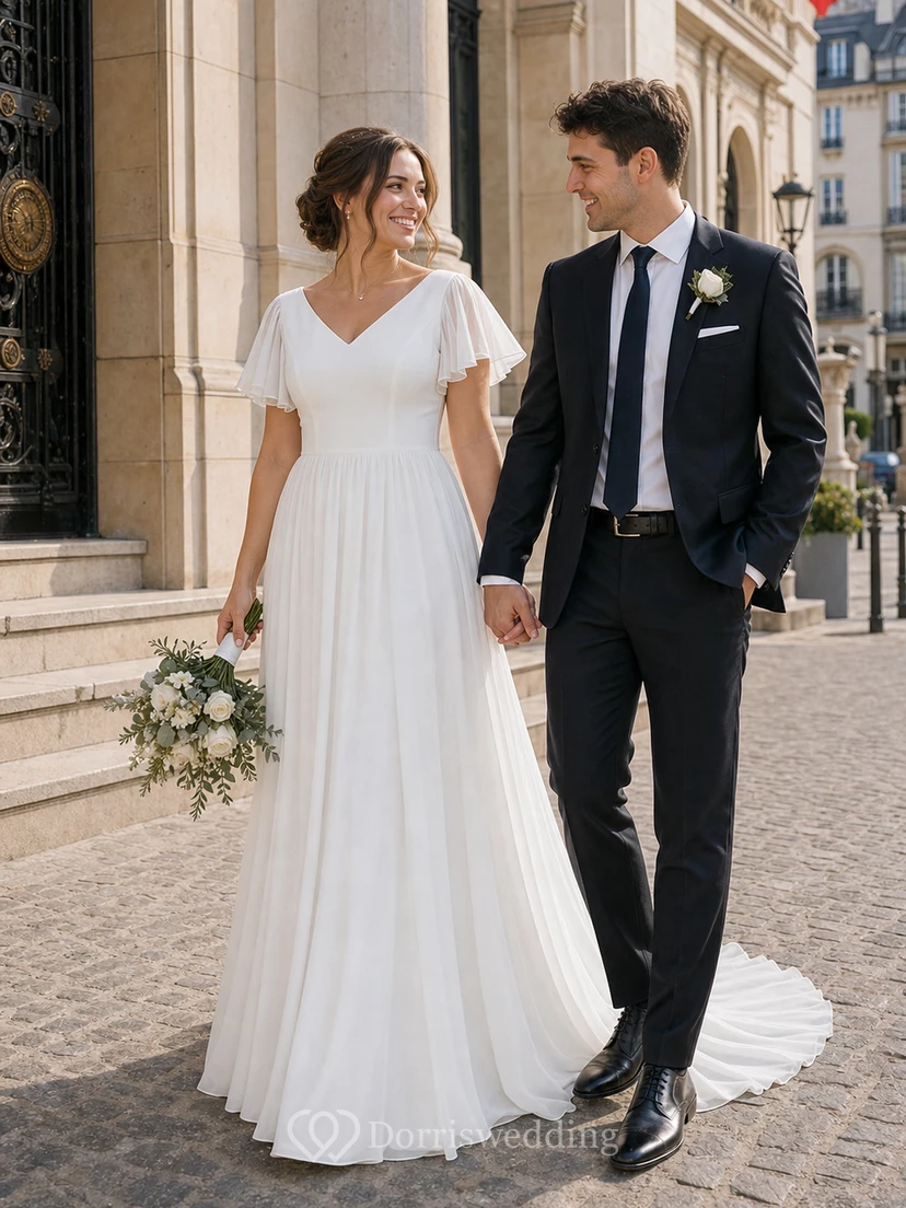 Robe de mariée décontractée en mousseline de soie, coupe trapèze, longueur au sol, traîne brossée, manches courtes et volants, col en V. view 10
