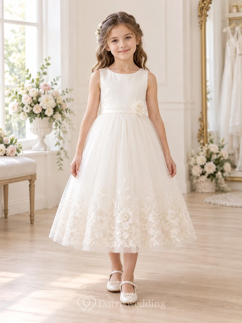 Teelanges, elfenbeinfarbenes A-Linien-Kleid mit floraler Spitze und Tüllborte, ärmellos, mit Bordüre für Blumenmädchen