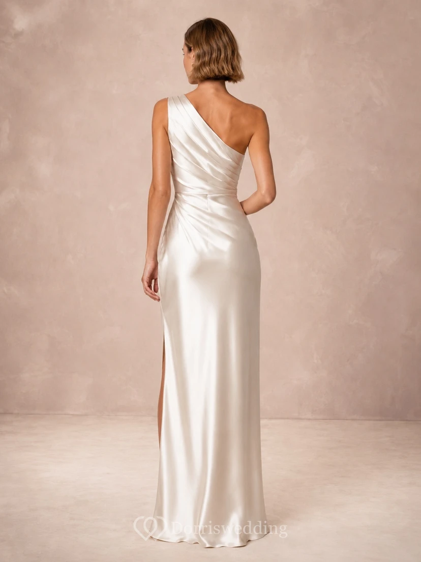 Modern One-Shoulder Satin Sheath Floor-Length Split Elopement Wedding Dress view 2
