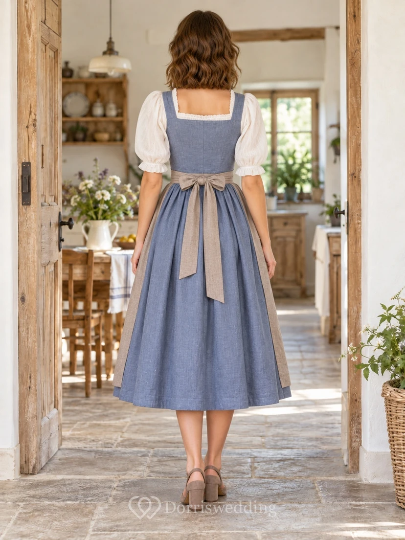Robe Dirndl vintage bleu acier à col carré et manches bouffantes view 2