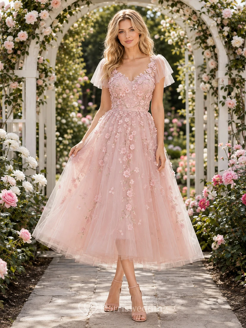 Blossom Pearl-Pink V-Neck Petal-Sleeve Floral-Applique Lace Tulle A-Line Tea-Length Romantic Garden Guest Dress
