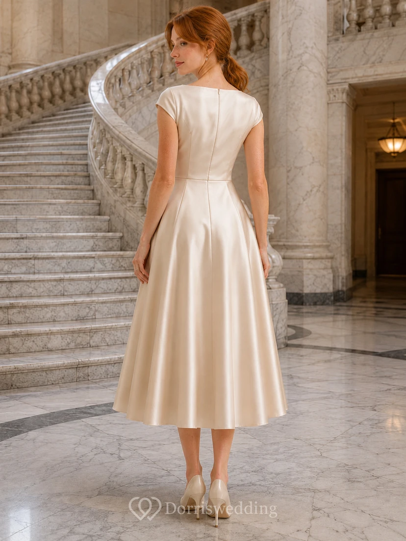 Robe de mariée mi-longue en satin à manches cape et bateau Courthouse Champagne view 2