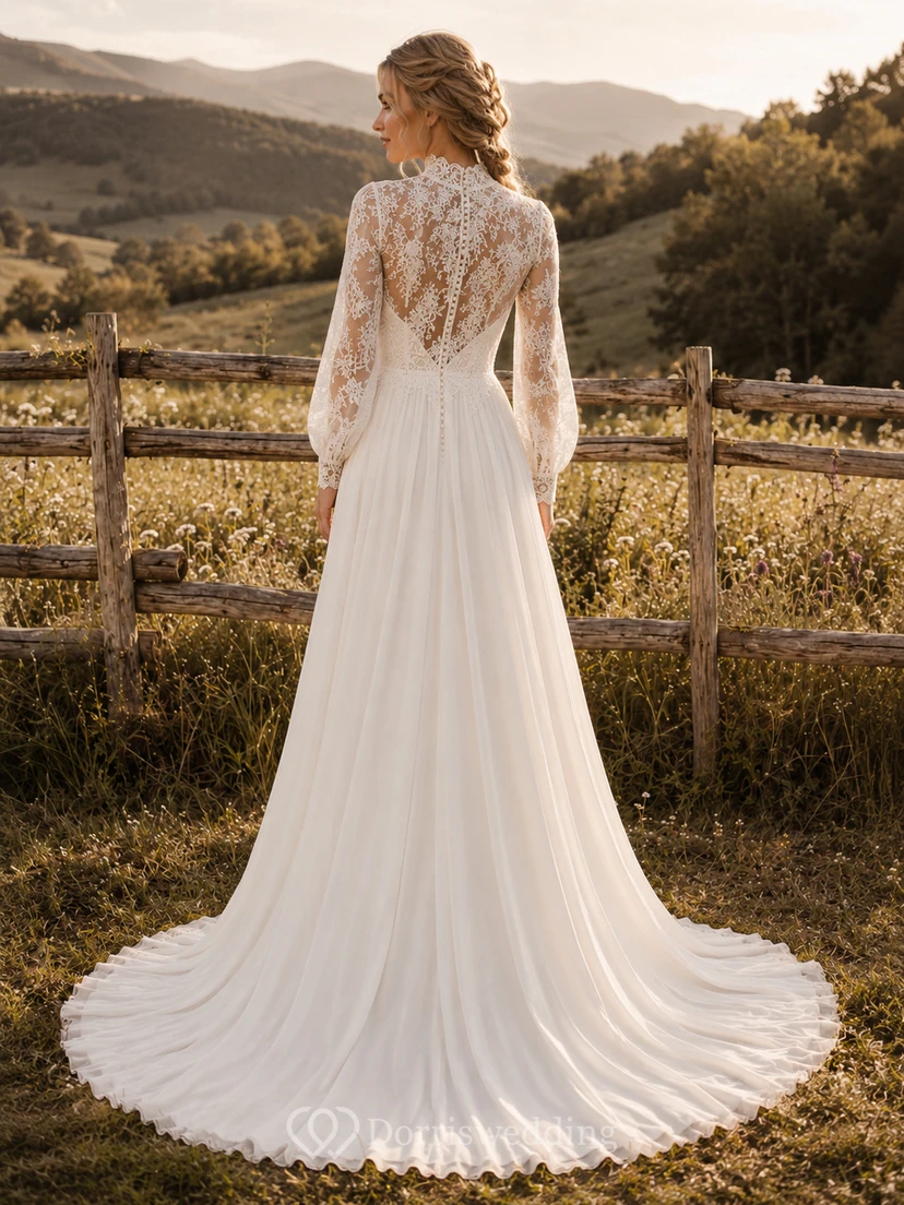 Vestido de novia de encaje campestre, corte A, escote en V, manga larga, cola de capilla. view 2