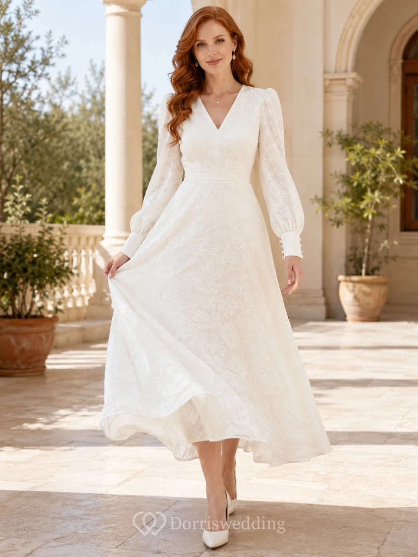 Weißes, strukturiertes, knöchellanges Jacquard-Kleid mit V-Ausschnitt, A-Linie und langen Ärmeln – ein dezentes Gästekleid