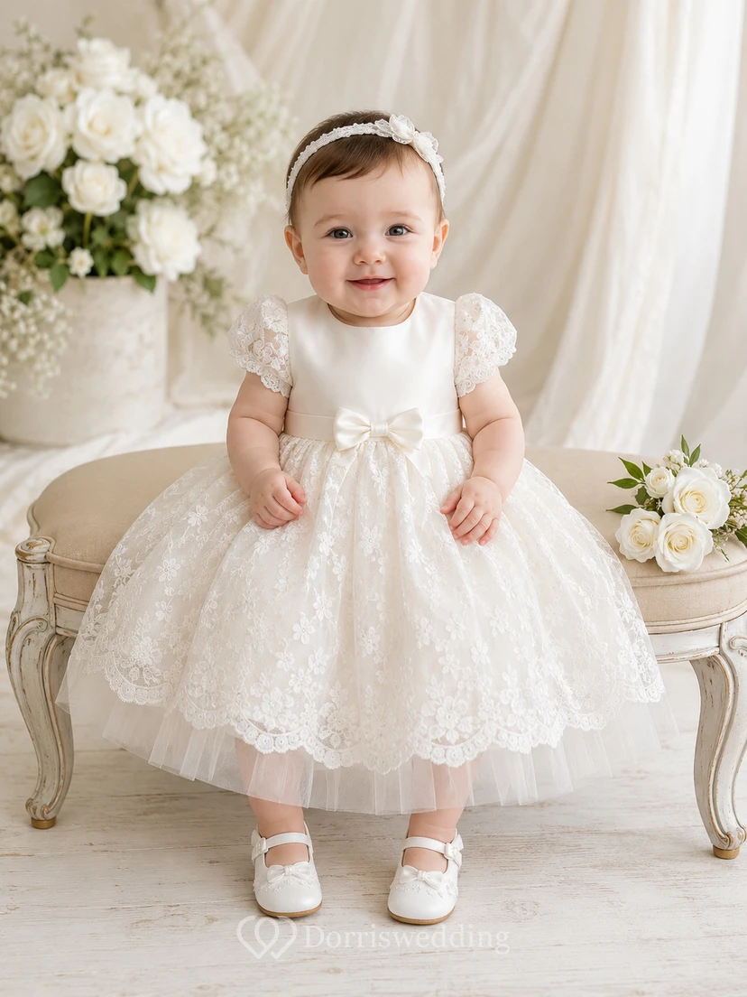 Baby Baptism Christening Ceremony Dress A-Line Tea-Length Jewel Neck Puff Sleeve Tulle Lace Bow Back Button Back
