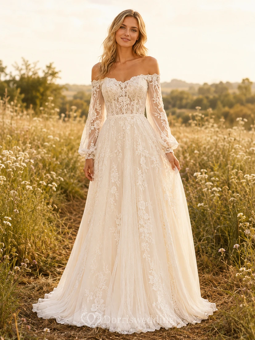 Boho Lace Tulle Wedding Dress A-Line Off Shoulder Long Sleeve Sweep Train Bridal Gown