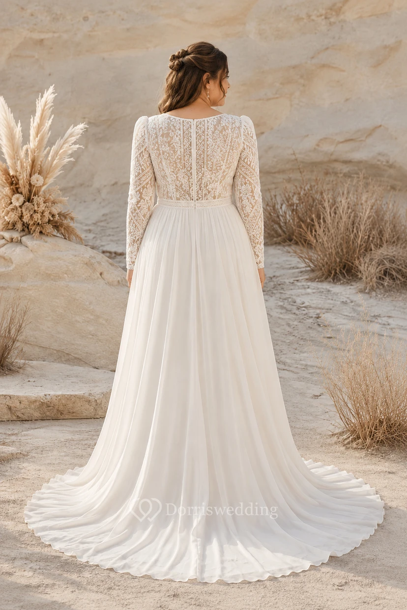 Robe de mariée grande taille empire en mousseline, coupe trapèze, col en V et manches longues en dentelle view 2