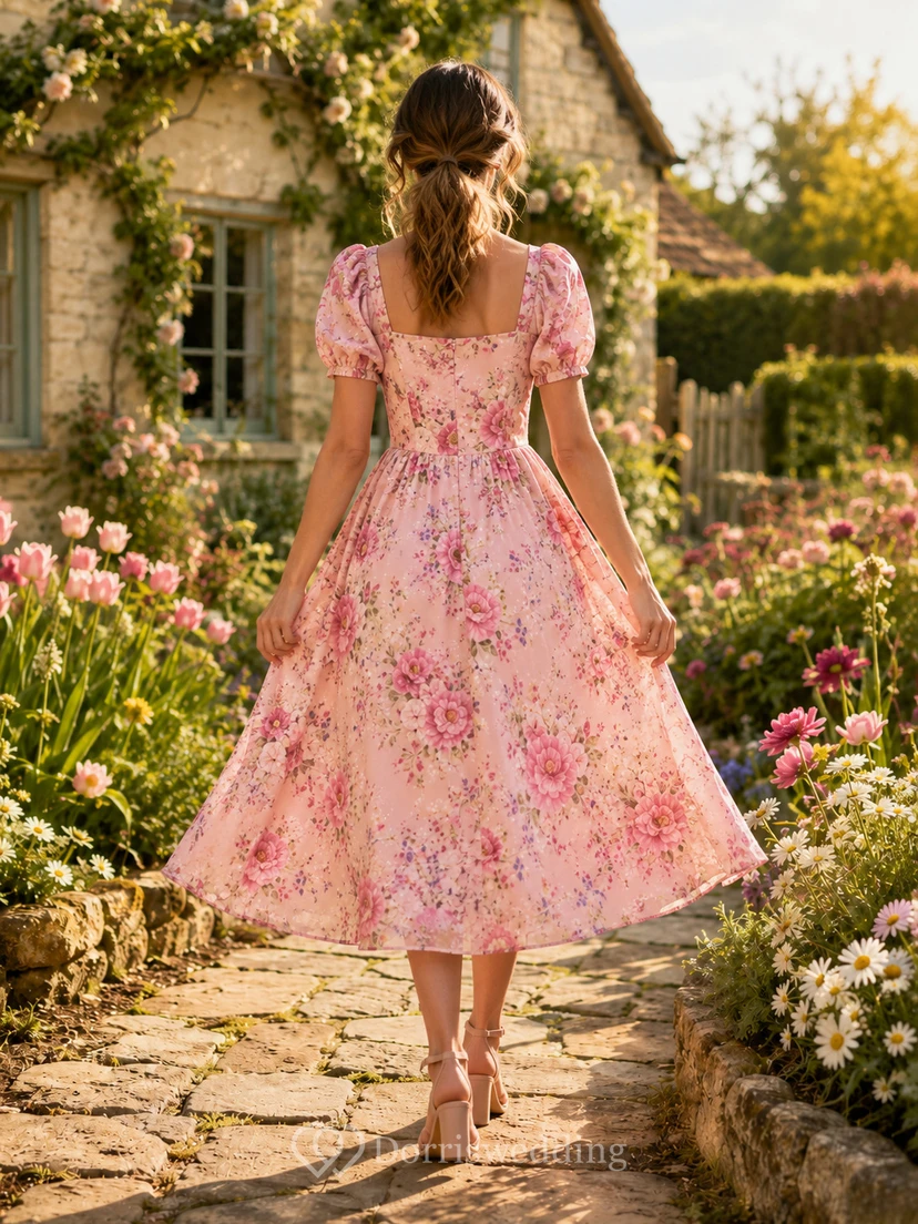 Bright Pink Floral Puff Sleeve Square Neck Midi Dress view 2