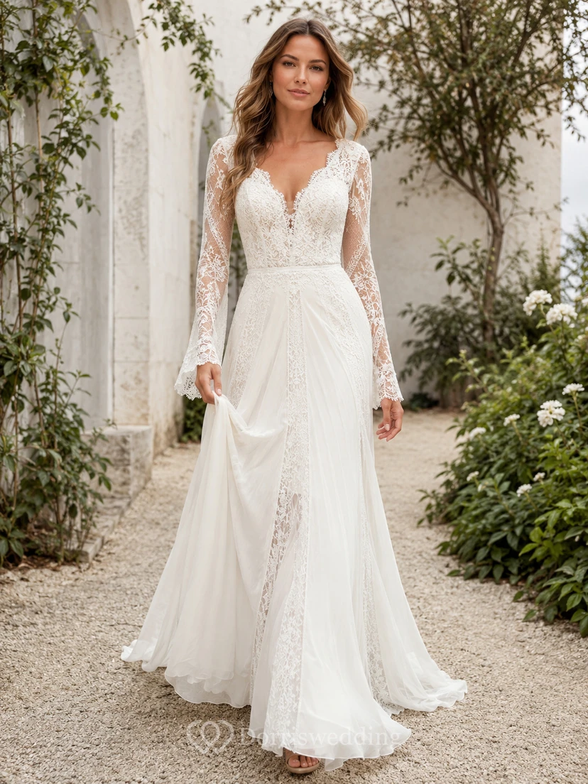 Robe de mariée romantique en mousseline de soie à col en V, manches longues et coupe trapèze, ornée d'un col en V et d'une traîne courte, ornée d'un imprimé floral.