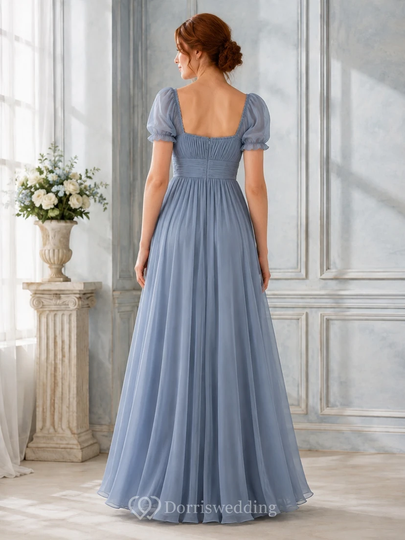 Romantic Slate Blue Square Neck Puff Sleeve Chiffon A-Line Floor-Length Formal Dress view 2