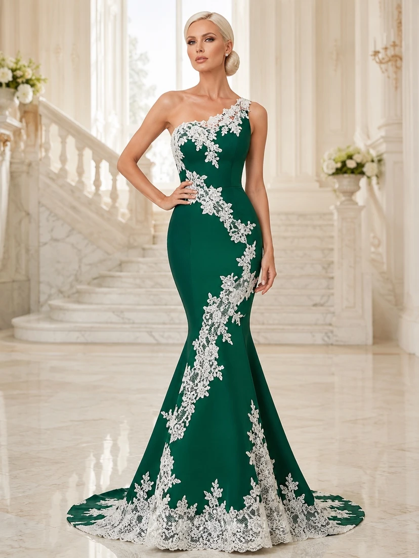 Elegantes, modernes Brautkleid im Meerjungfrauenstil mit Smaragdgrüner Stickerei, One-Shoulder-Schnitt, ärmellos und mit Schleppe