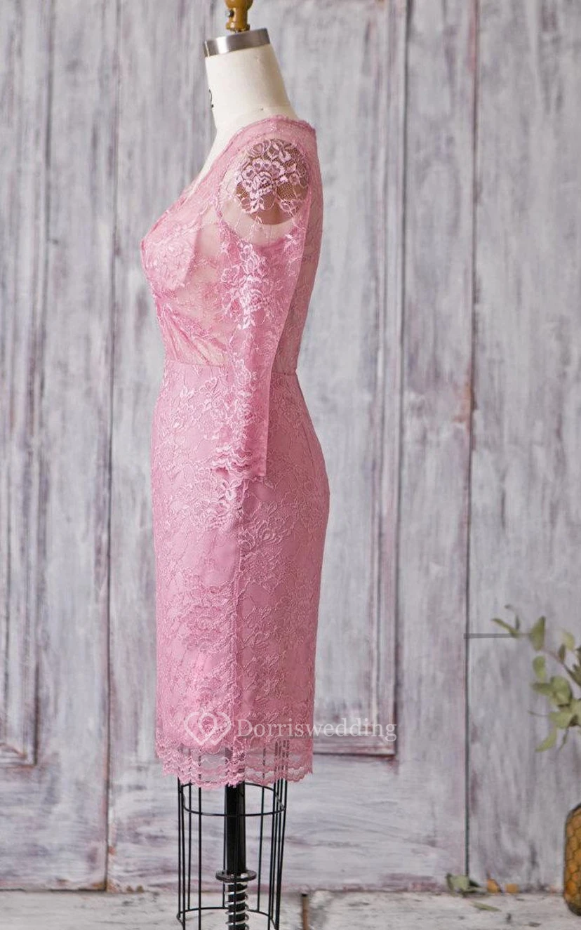 V Neck Illusion 3-4 Sleeve Sheath Lace Knee Length Dress Illusion Style view 3