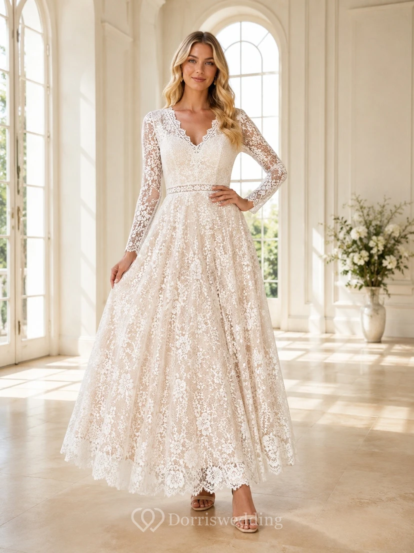 Teelanges, schlichtes, langärmeliges, mit Muschelsaum und Spitze besetztes A-Linien-Cocktailkleid