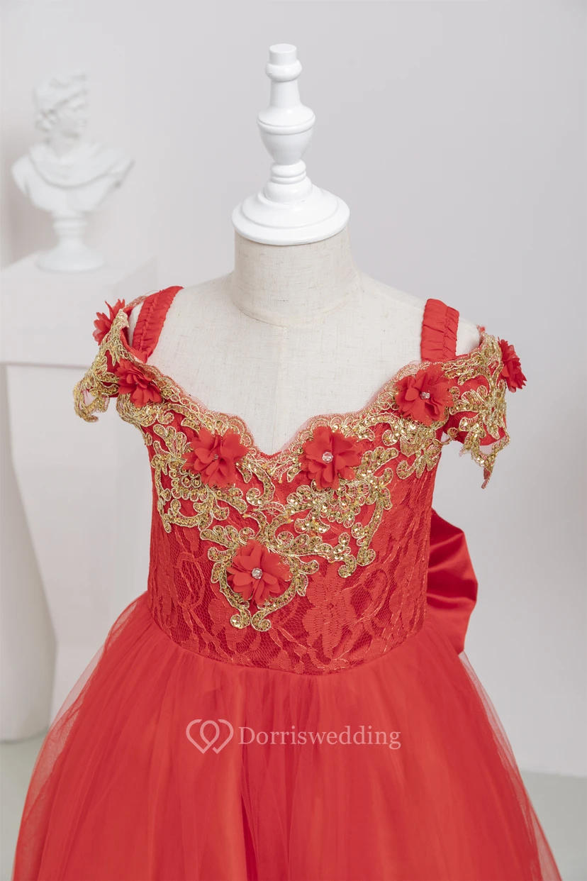 Cap Red Ball Gown Applique Flowergirl Dress with Pop up Petal view 8