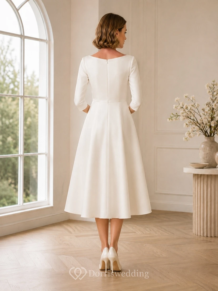 Vestido de novia discreto de gasa de manga larga y cuello alto, corte en A, largo hasta la rodilla, ideal para una boda íntima. view 2