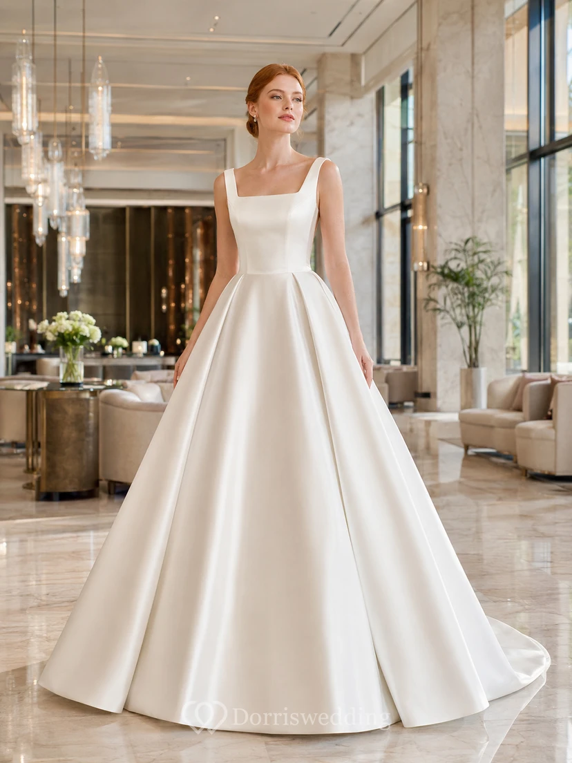 Vestido de novia moderno de satén con escote cuadrado, estilo princesa de hotel.