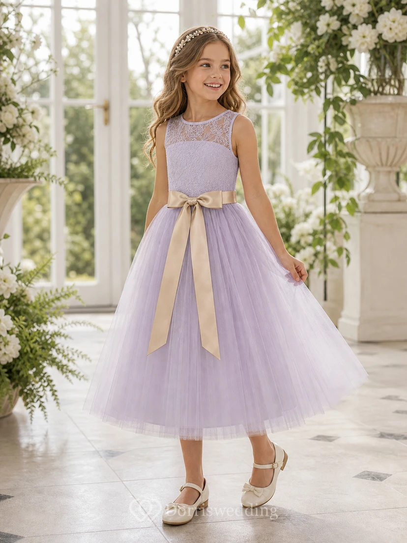 Scoop Sleeveless White First Communion A-line Tulle Bow Keyhole Back Flowergirl Dress view 6