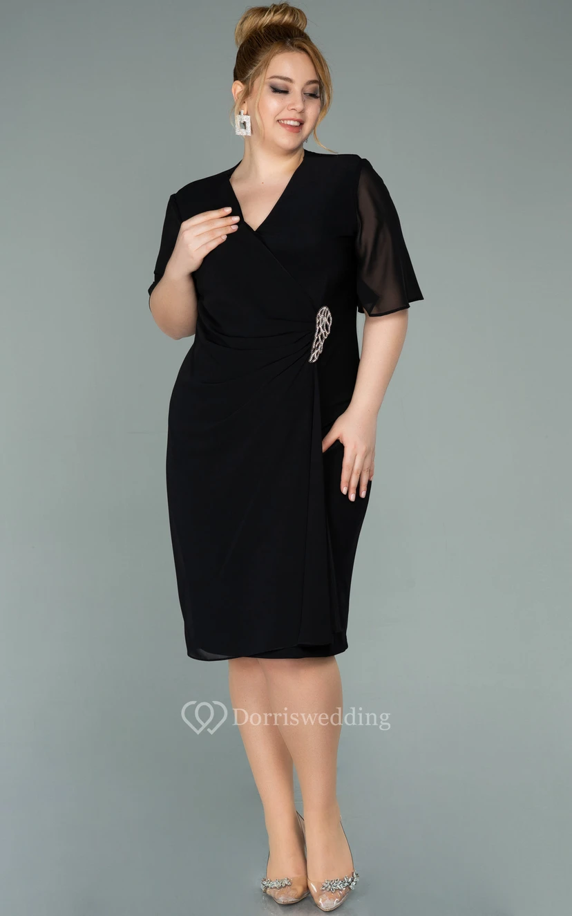 Casual Empire Plus Size Half-sleeve Chiffon Pencil Ruched Plus Size Mother of Bride Dress view 5