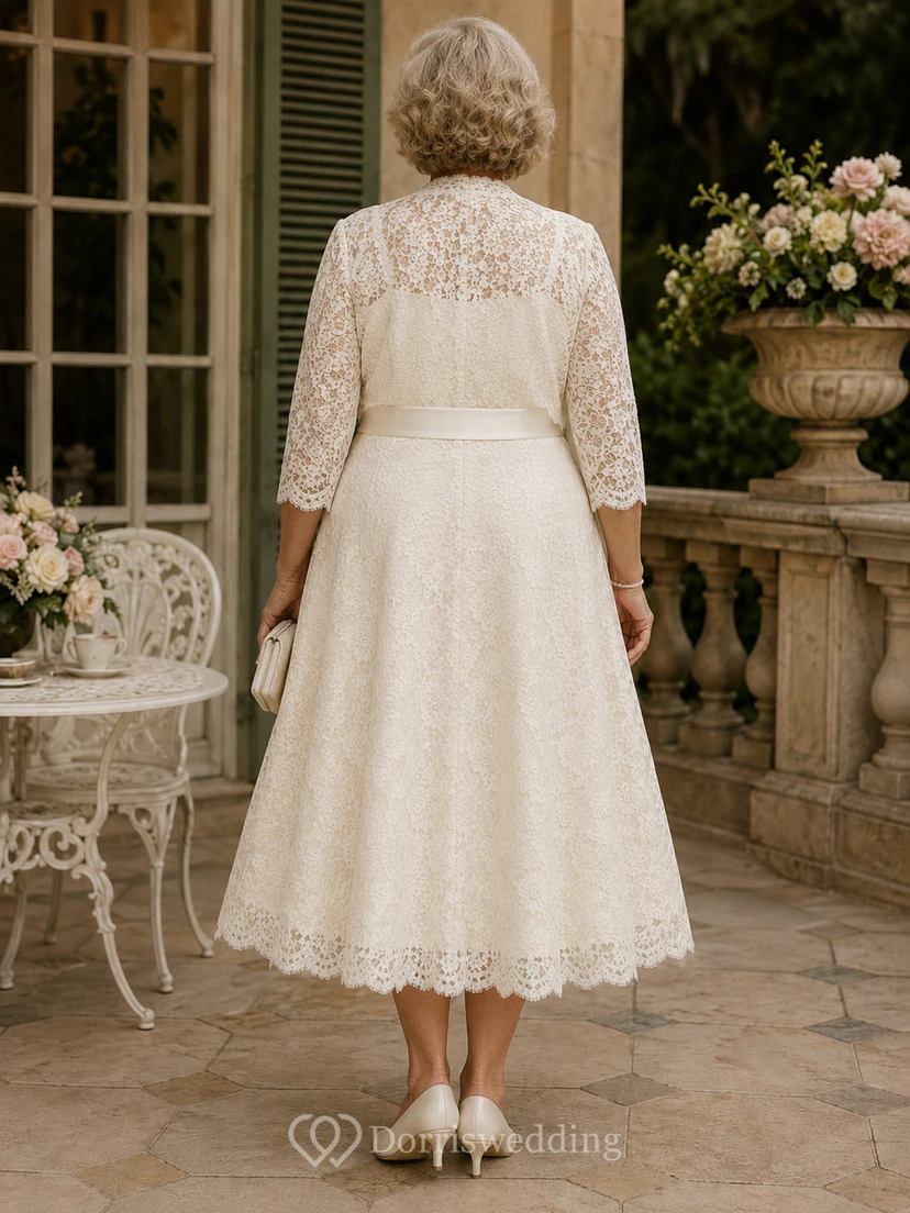Teelange Spitzenjacke, Hochzeitskleid für ältere Bräute mit langen Ärmeln view 2