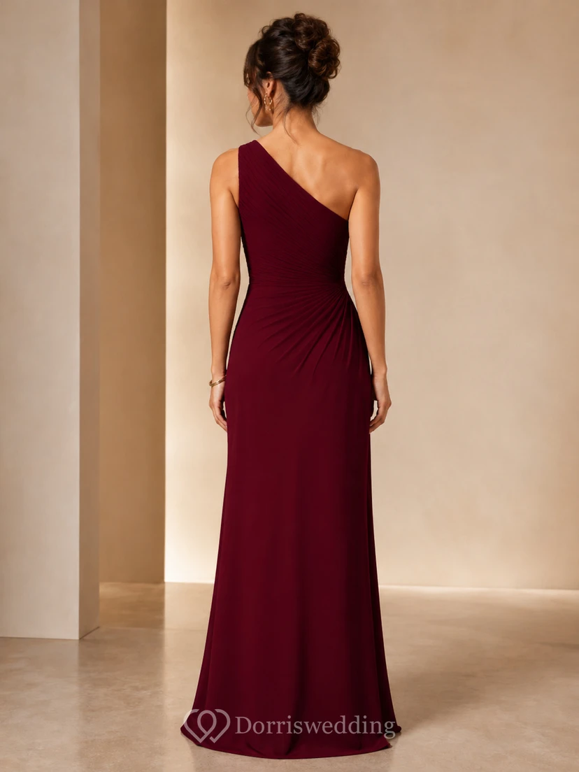 A-Line Evening Dress with One-Shoulder, Sleeveless and Drape Split Front, Floor Length view 2