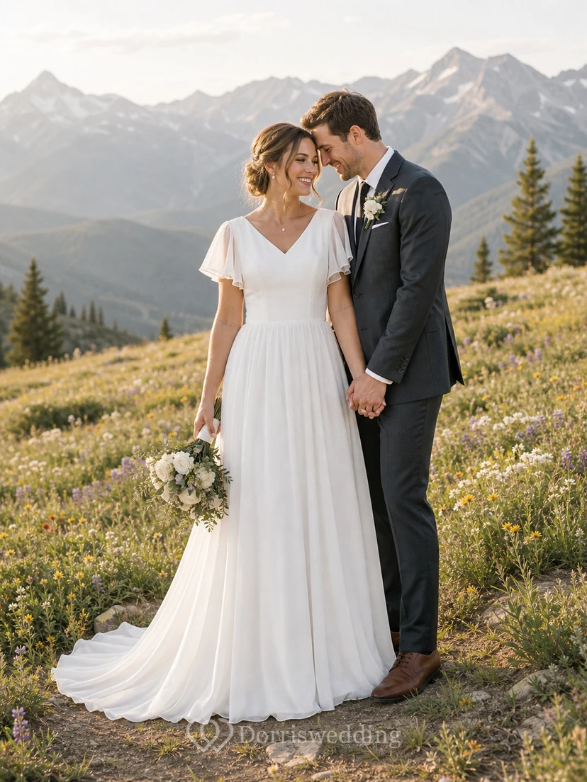 Robe de mariée décontractée en mousseline de soie, coupe trapèze, longueur au sol, traîne brossée, manches courtes et volants, col en V.