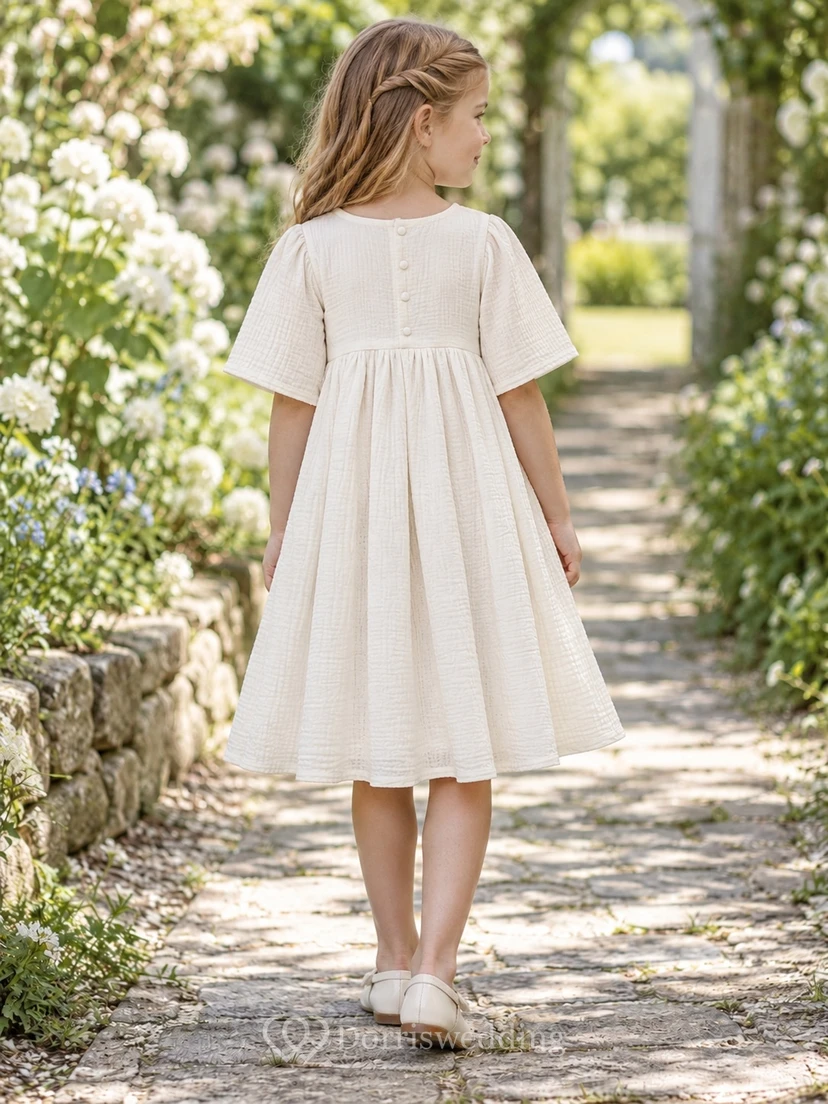 Simple Country Modest Ivory Empire Blue-floral Jewel Half-sleeve Gathered Button-back Flower Girl Dress view 2