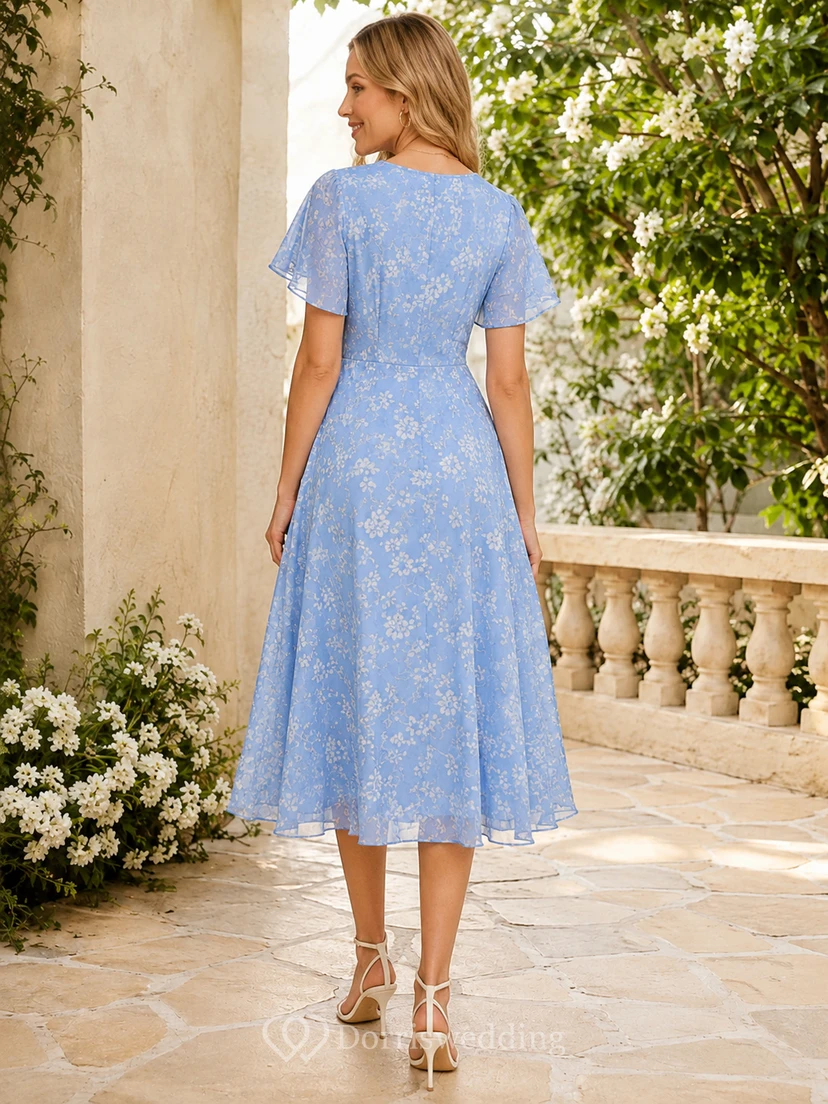 Himmelblaues, geblümtes Chiffon-Gartenkleid in A-Linie mit V-Ausschnitt, Blütenblattärmeln und Teelänge view 2