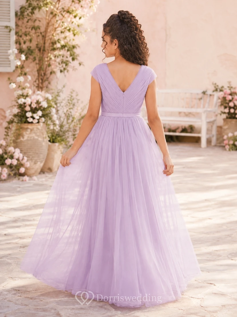 Lavendelfarbenes Brautjungfernkleid für junge Damen, A-Linie, V-Ausschnitt, kurze Ärmel, Blütenblatt-Tüll, Taschen-Detail, romantisch view 2