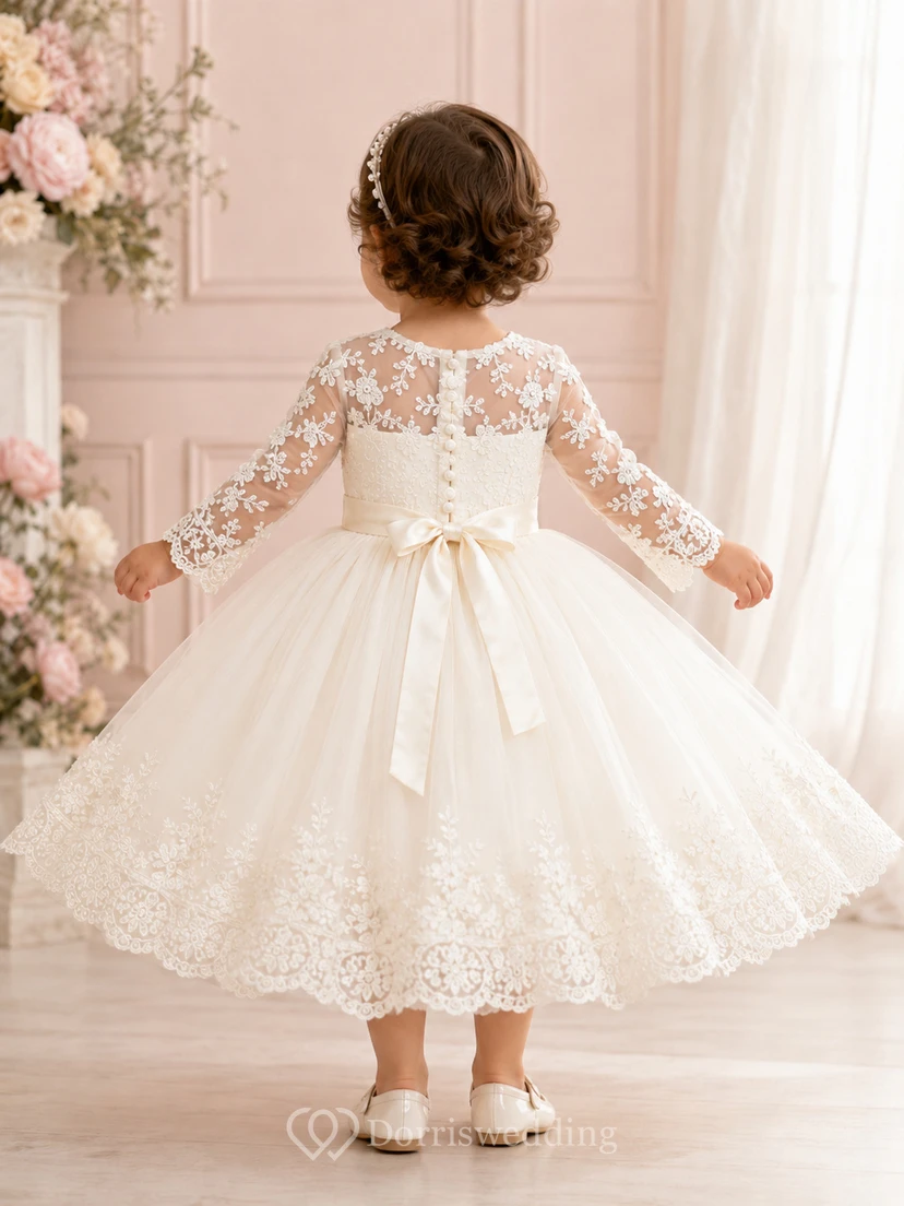 Taufkleid mit bestickten Spitzenärmeln, A-Linien-Schnitt und Muschelsaum – schlicht, romantisch, elegant, bezaubernd, aus Tüll view 2