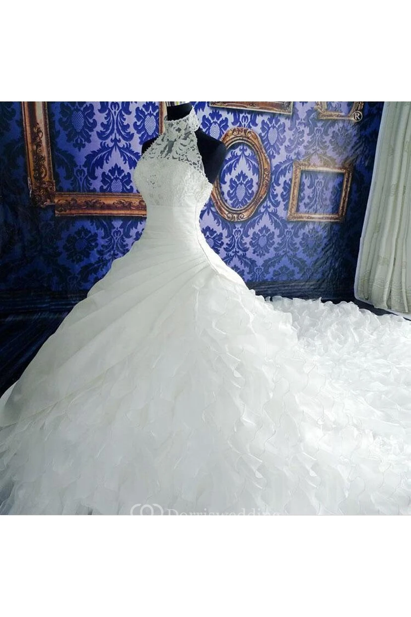 Gorgeous Ruffles Lace High Neck Wedding Dress Court Train Zipper view 4