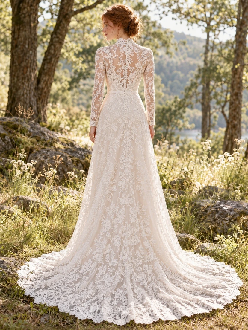 Boho Long Sleeve High Neck Allover Floral Lace Wedding Dress view 2
