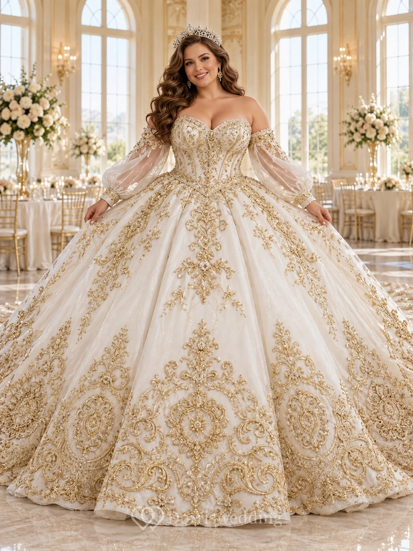 Vestido de novia largo de manga larga con escote corazón y hombros descubiertos, estampado floral dorado y bordados ornamentados.