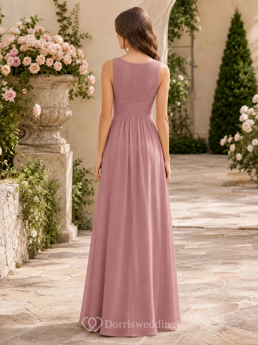 Vestido de dama de honor juvenil color rosa empolvado, corte en A, sin mangas. view 2