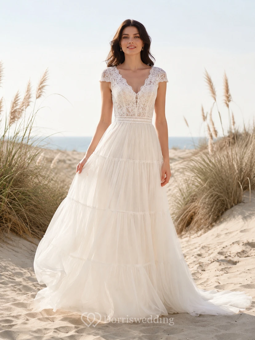 Boho Beach A Line V Neck Cap Lace Sleeve Tiered Tulle Wedding Dress