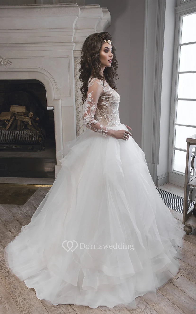 Ball Gown Long Scoop Illusion-Sleeve Keyhole Tulle Dress With Appliques And Ruffles view 2