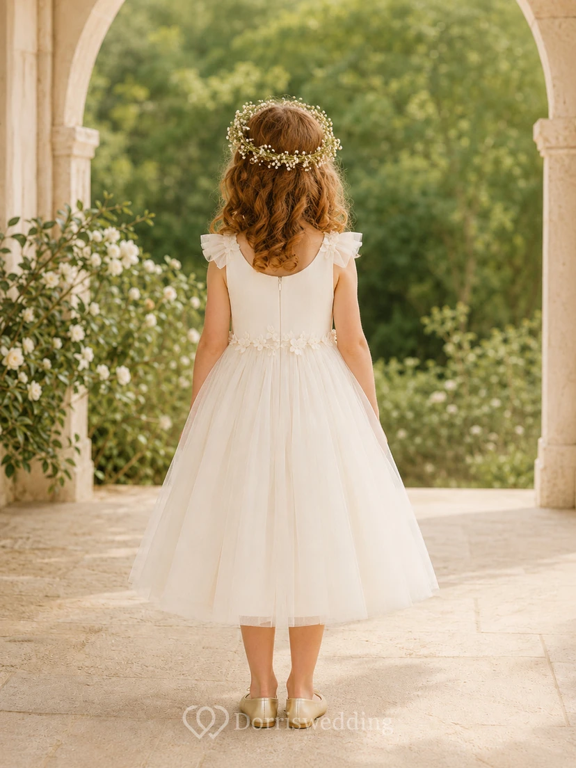 Bow Back Tulle A-Line Flower Girl Dress with Jewel Neck and Tea-Length Skirt view 2